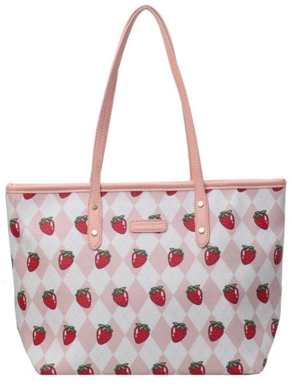 Pink Strawberry-Print Tote Bag with Pale Pink Handles